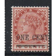 Mauritius Sc 90 1893  ONE CENT overprint on 16 c orange brown Victoria stamp mint