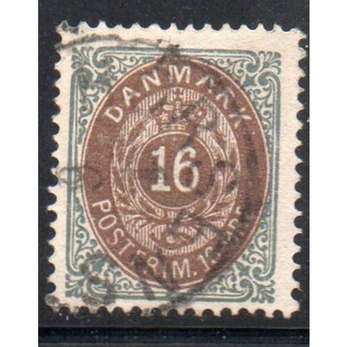 Denmark Sc 30 1875 16 ore slate & brown Royal Emblems stamp used