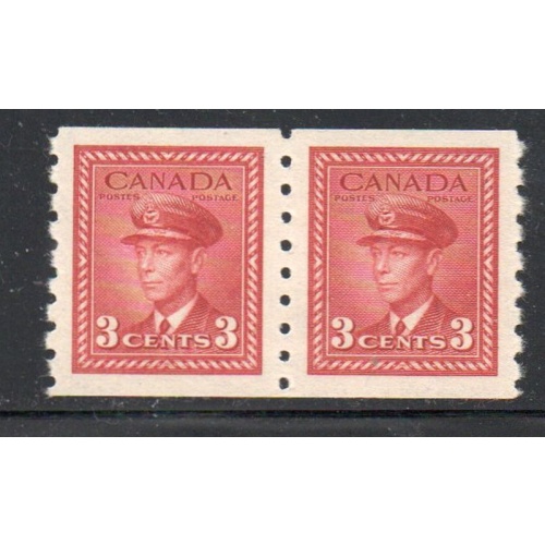 Canada Sc 265 1942 3 c G VI dark crimson coil stamp pair mint NH