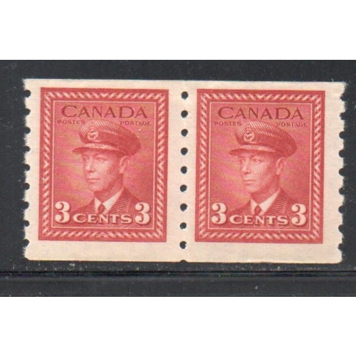 Canada Sc 265 1942 3 c G VI dark crimson coil stamp pair mint NH