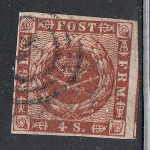 Denmark Sc 4 1854 4s brown Royal Emblems stamp used