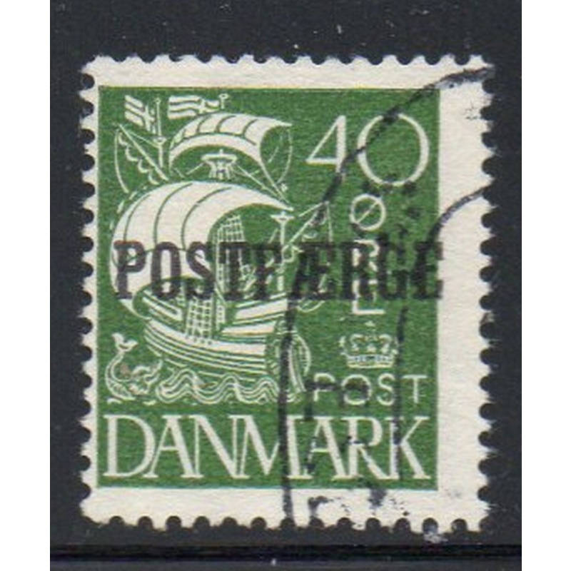 Denmark Sc Q23 1936 "POSTFAERGE" overprint on 40 ore green Caravel stamp used.