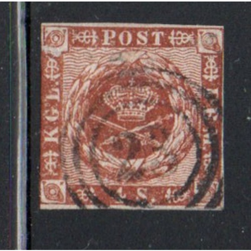 Denmark Sc 7 1858  4 sk yellow brown Royal emblems stamp used 3 ring cancel