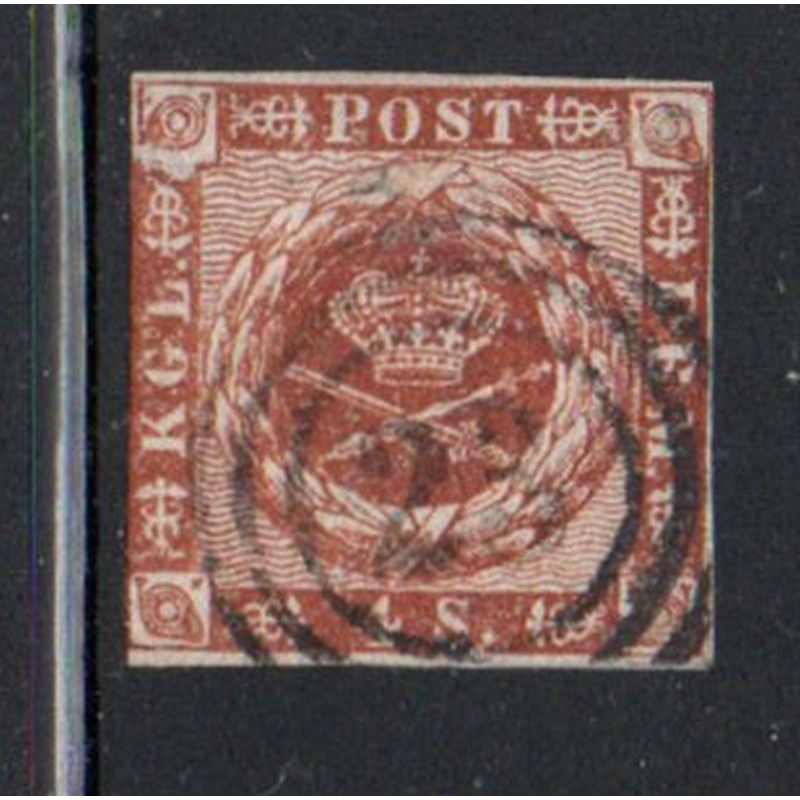 Denmark Sc 7 1858  4 sk yellow brown Royal emblems stamp used 3 ring cancel