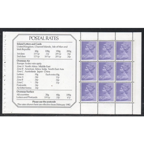 Great Britain Scott  MH92b 1982 QE II  Machin Head booklet pane mint NH