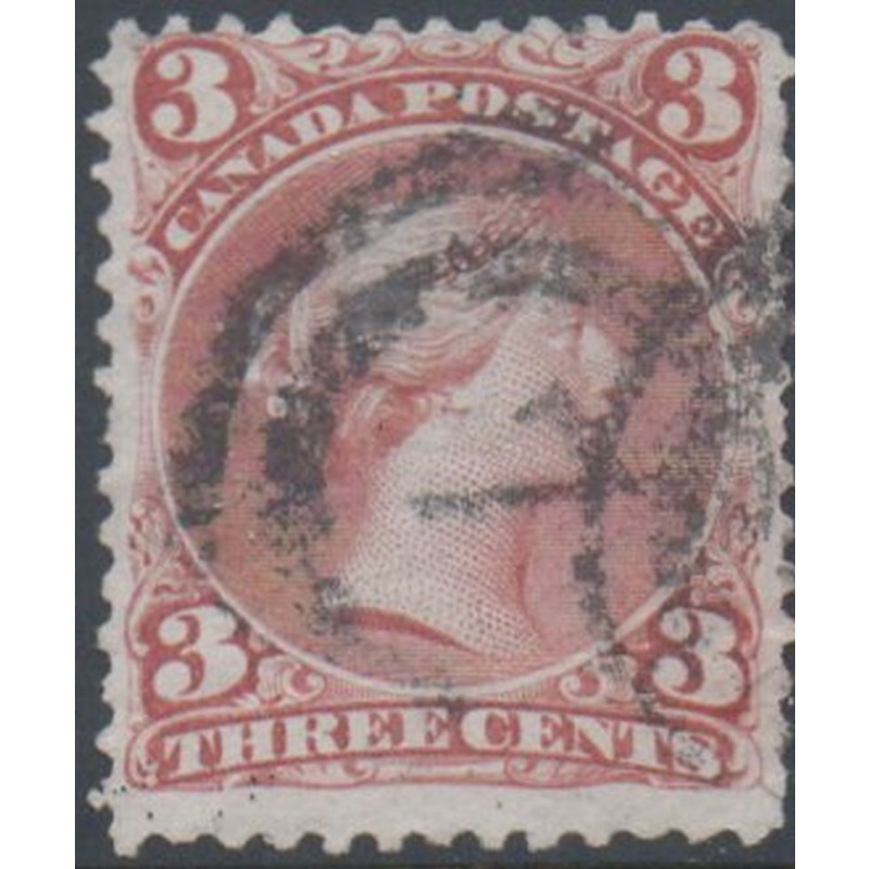 Canada  Sc 25 1868 3 cent red large Queen Victoria stamp used 2 ring 7 cancel