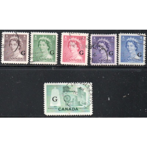 Canada Sc O33-O38 1953 1st QE II & Spinning Wheel G overprint stamp set used