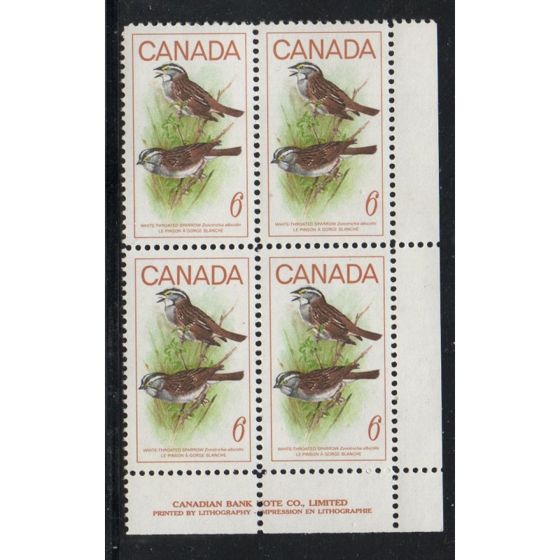 Canada Sc 496 1969 6c Sparrow LR Plate block of 4 mint NH
