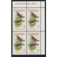 Canada Sc 496 1969 6c Sparrow UR Plate block of 4 mint NH
