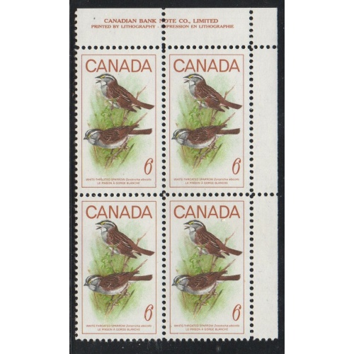 Canada Sc 496 1969 6c Sparrow UR Plate block of 4 mint NH