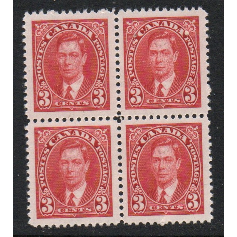 Canada Sc 233 1937 3 c carmine G VI stamp block of 4 mint NH