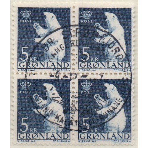 Greenland  Sc 64 1963 5 kr Polar Bear stamp used block of 4