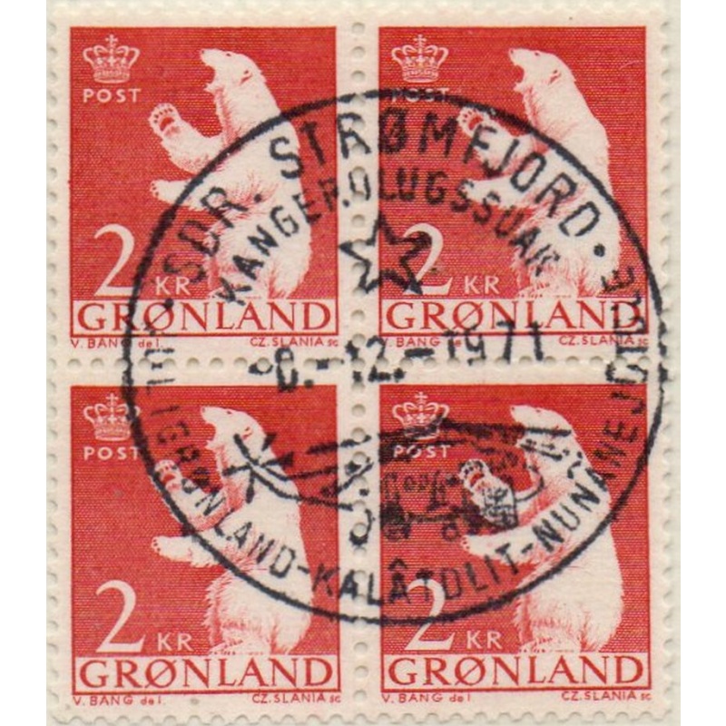 Greenland  Sc 63 193 2 kr Polar Bear stamp used block of 4