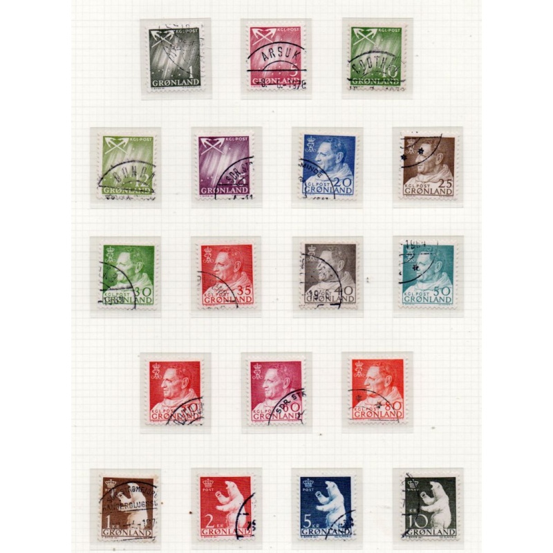 Greenland  Sc 48-65 1963-68 King, Northern Lights & Polar Bear stamp set used