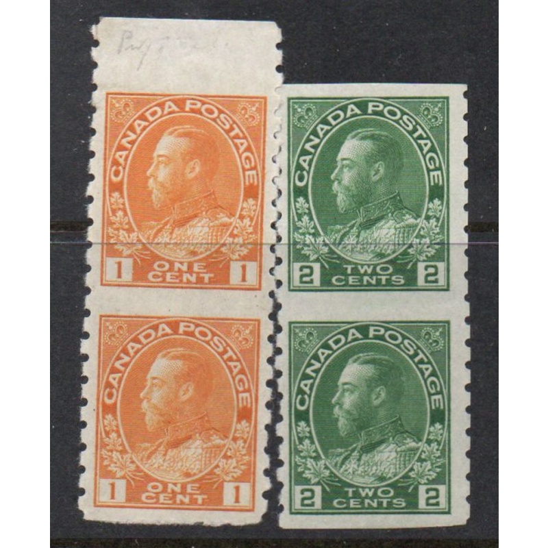 Canada  Sc 126a, 128a 1924 1 c & 2 c George V part perf stamp pairs mint