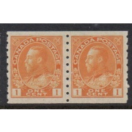 Canada  Sc 126 1923 1 c orange yellow George V coil stamp pair mint