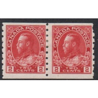 Canada  Sc 127 1912 2 c carmine George V coil stamp pair mint