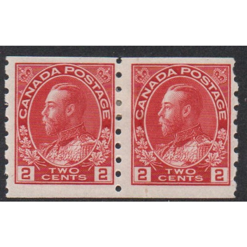 Canada  Sc 127 1912 2 c carmine George V coil stamp pair mint