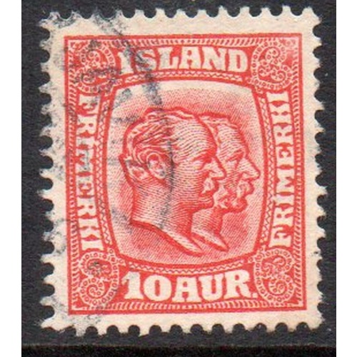 Iceland Sc 76 1907 10 aur scarlet 2 Kings stamp used