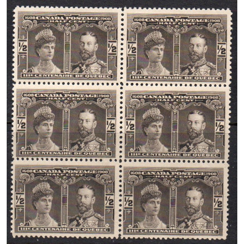 Canada Sc 96 1908 1/2c Prince & Princess of Wales block of 6 mint NH
