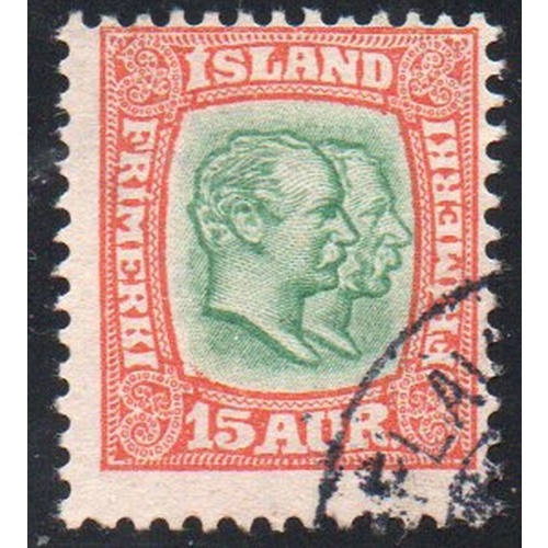 Iceland Sc 77 1907 15 aur red & green 2 Kings stamp used