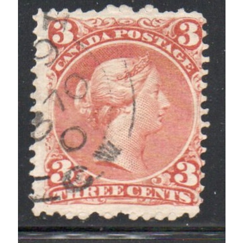 Canada  Sc 25 1868 3 cent red large Queen Victoria stamp used
