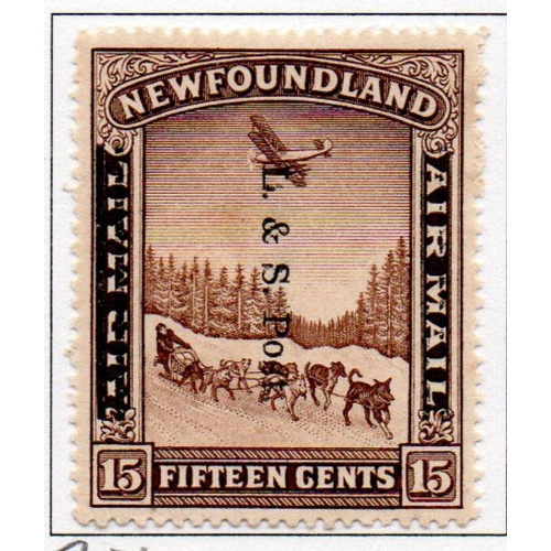 Newfoundland Sc 211 1933 L & S Post overprint on 15 c Airmail stamp  mint