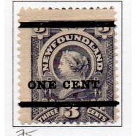 Newfoundland Sc 75 1897 1 c surcharge on 3c Victoria  stamp mint