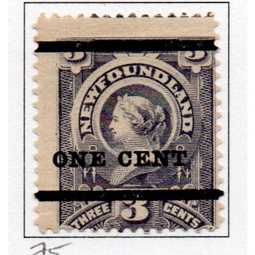 Newfoundland Sc 75 1897 1 c surcharge on 3c Victoria  stamp mint