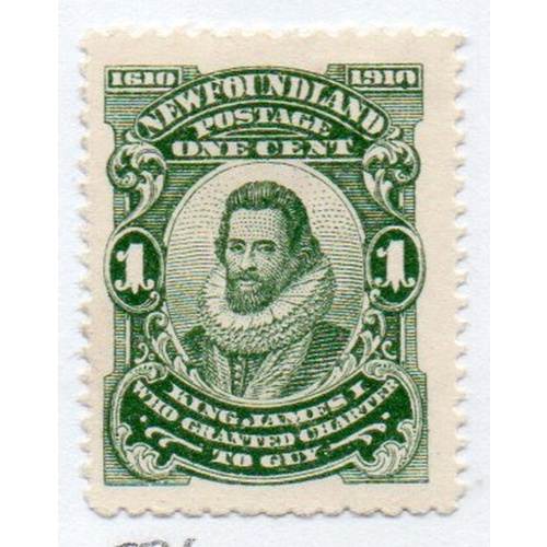 Newfoundland Sc 87b 1910 1 c King James 1 stamp mint perf 12 x 14