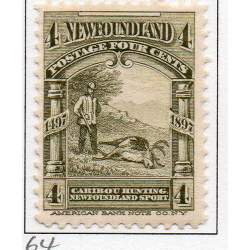 Newfoundland Sc 64 1897 4 c olive green Caribou Hunting stamp mint