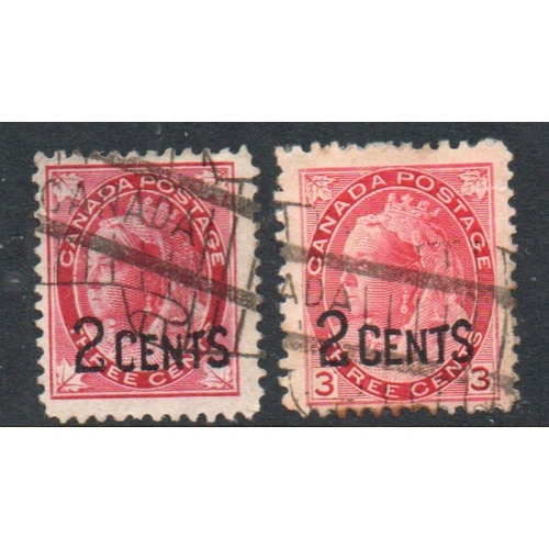 Canada Sc 87-88 1899 2 c overprint  on 3 c Victoria  stamp  set used