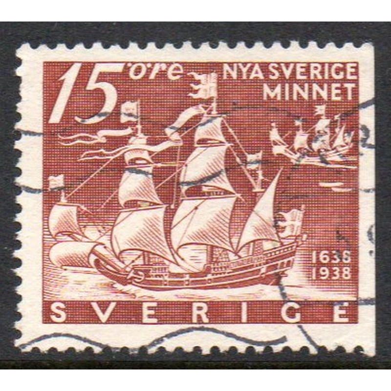 Sweden Sc 274a 1938 15 ore Kalmar Nyckel stamp perf on 3 sides used