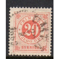 Sweden Sc 46 1886 20 ore vermilion numeral of value stamp used post horn on back