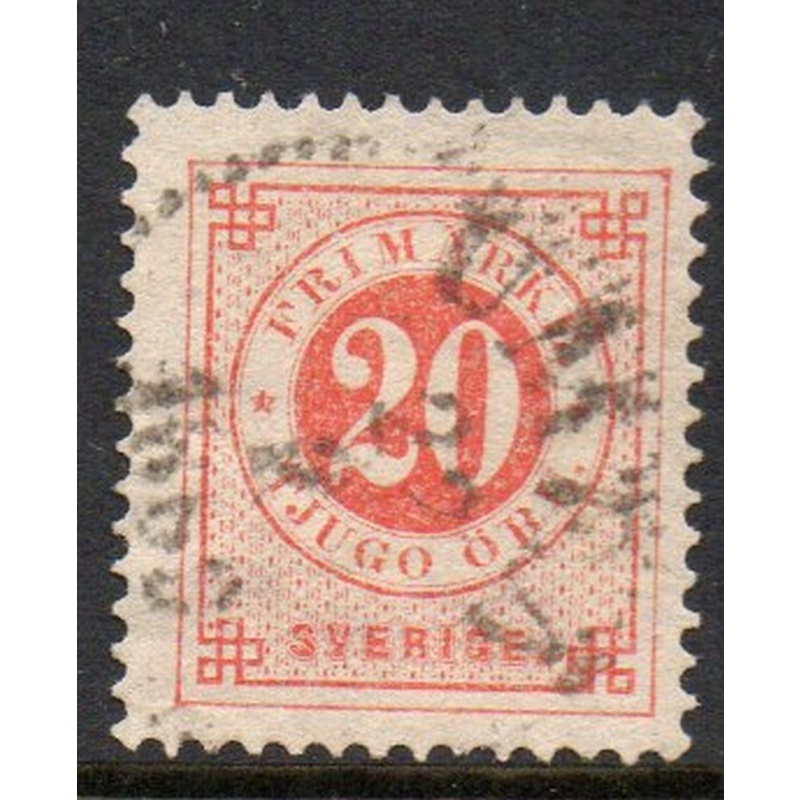 Sweden Sc 46 1886 20 ore vermilion numeral of value stamp used post horn on back
