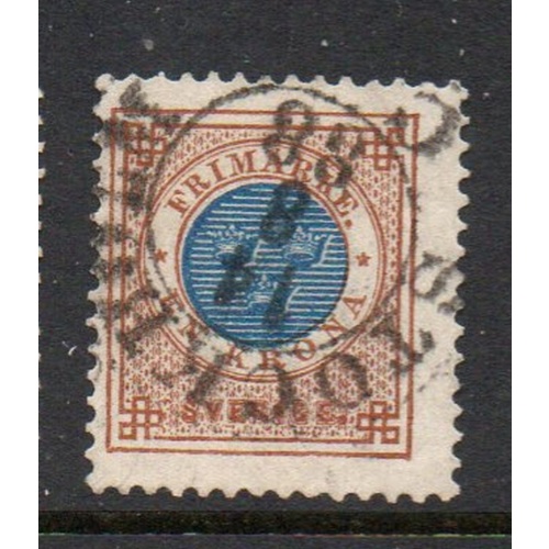 Sweden Sc 49 1886 1 kr bistre & blue numeral of value stamp used post horn on back