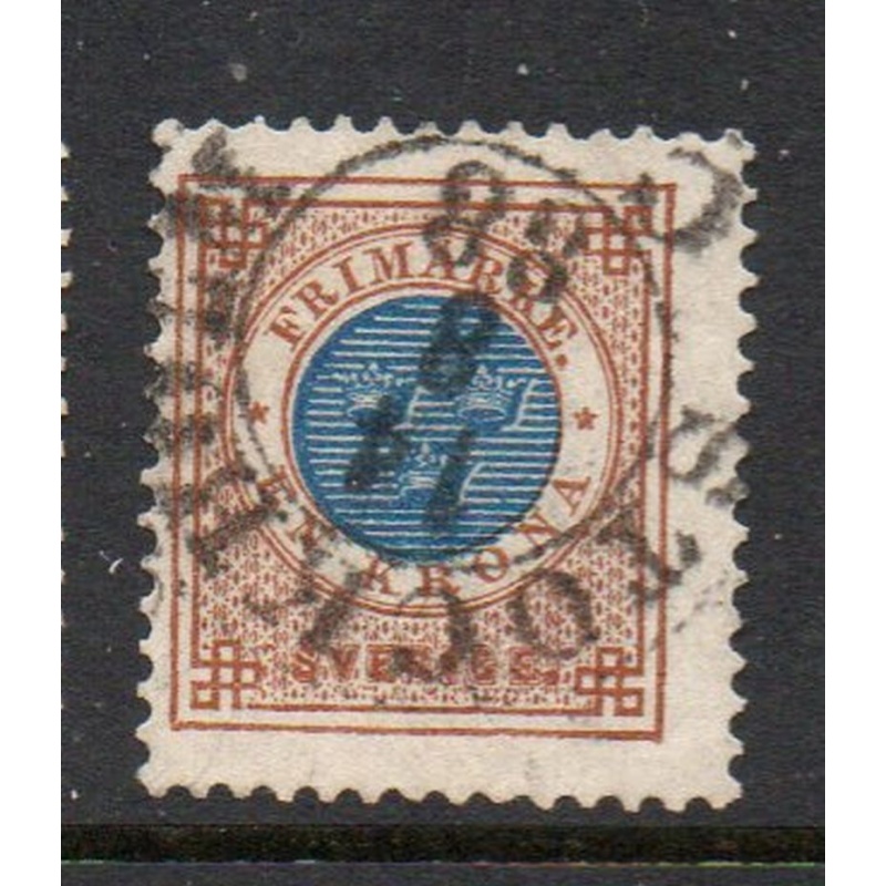 Sweden Sc 49 1886 1 kr bistre & blue numeral of value stamp used post horn on back