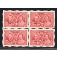 Canada Sc 237 1937  3c Coronation George VI  stamp block of 4 mint