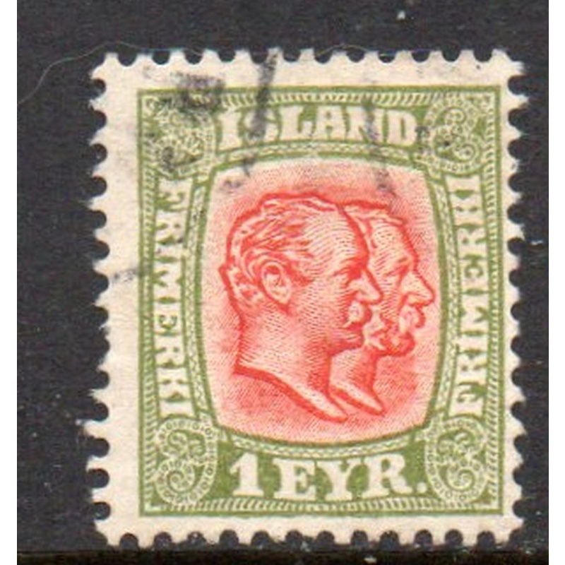 Iceland Sc 71 1907 1 aur green & red 2 Kings stamp used