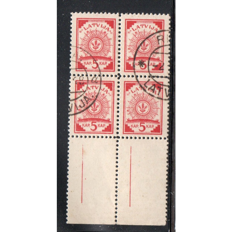 Latvia Sc 2 1919 5 k block of 4  used Leepaja cancel on Map paper