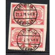 Latvia Sc 3 1919 5 k block of 4  used Leepaja cancel on lined paper