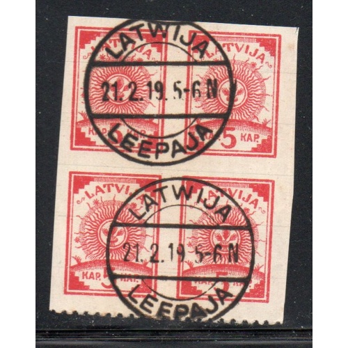 Latvia Sc 3 1919 5 k block of 4  used Leepaja cancel on lined paper
