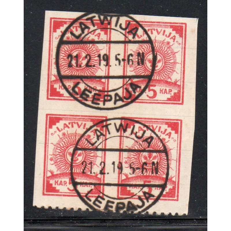 Latvia Sc 3 1919 5 k block of 4  used Leepaja cancel on lined paper