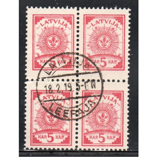 Latvia S c6 1919 5 k block of 4  used Leepaja cancel
