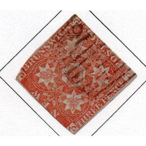New Brunswick Sc 1 1850 3d red Heraldic Flowers stamp used # 16 cancel
