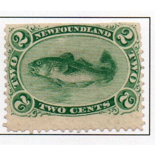 Newfoundland Sc 24a 1870 2 c green Codfish  yellowish paper stamp mint