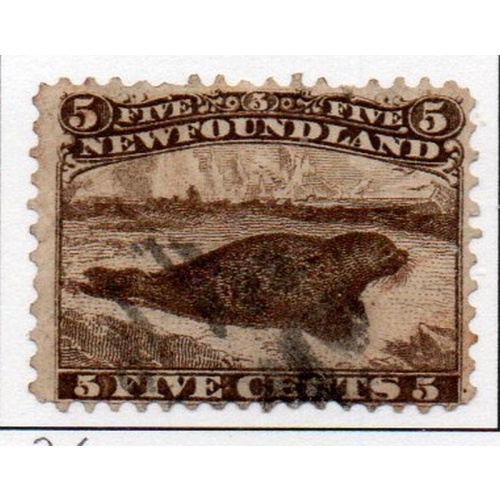 Newfoundland Sc 25 1870 5 c brown Harp Seal stamp used