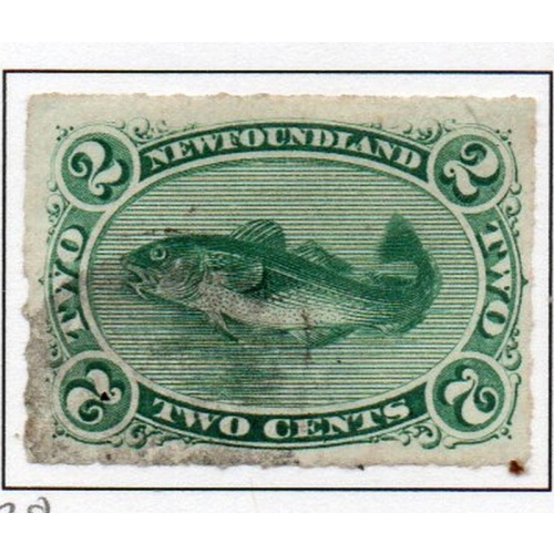 Newfoundland Sc 38 1879 2 c green Codfish stamp rouletted used