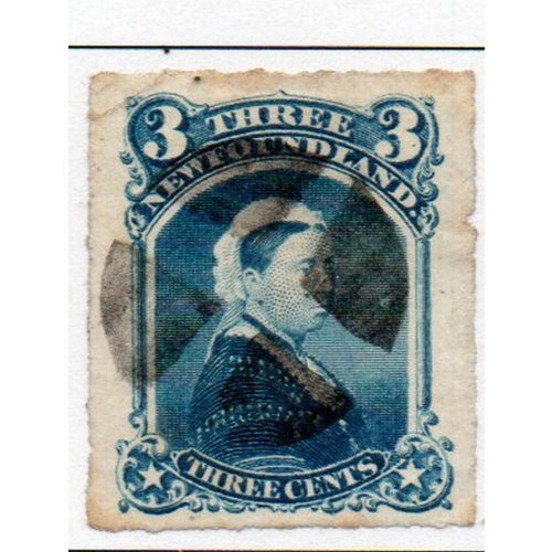 Newfoundland Sc 39 1877 3 cent blue Victoria stamp rouletted used