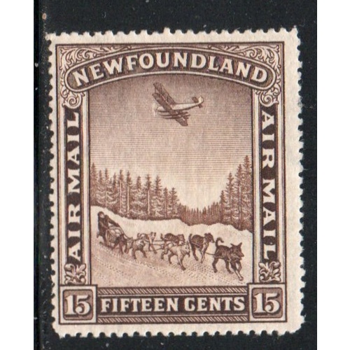 Newfoundland Sc C9 1931 15c Airplane over Dog Sled watermarked airmail stamp mint